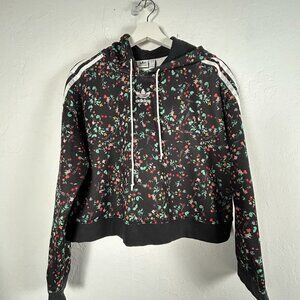 Adidas Womens Floral Hoodie Crop Sweatshirt Size Small Black Multicolor Pullover